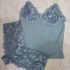 Vintage 2-Piece Dkny Blue Camisole And Panties | Size: L Cotton Stretch Camisole With Lacy Floral Bra Area With Soft Cotton Lining. Adjustable Straps. Lacy Floral Panties. Lace Is Soft; Not Stiff Or Scratchy. Condition: New With The Tags. Pre-Owned But Never Worn. Perfect Condition. Blue Sleeveless Loungewear Set, Blue Stretch Sleepwear Sets, Blue Cami Sleepwear For Loungewear, Blue Cami Sleepwear, Blue Stretch Camisole For Loungewear, Stretch Blue Camisole For Loungewear, Blue Cami Sleepwear For Lounging, Fitted Lace Trim Loungewear Set, Fitted Lace Trim Sleepwear Set