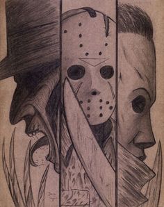 a pencil drawing of two people with masks on their faces and one has a knife in his mouth