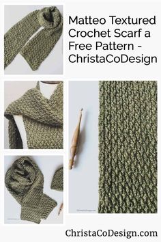 the instructions to crochet a scarf with text that reads,'mateo textured crochet scarf a free pattern - christacodesign