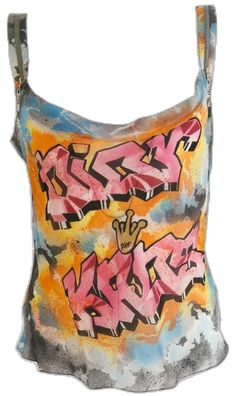 90s Graffiti Print Summer Tops, Multicolor Logo Print Tops For Summer, Trendy Multicolor Graphic Print Tank Top, Multicolor Sleeveless Tops For Streetwear, Multicolor Letter Print Tops For Party, Sleeveless Graphic Print Top For Party, Vintage Graphic Print Party Tops, Vintage Summer Tops With Graffiti Print, 90s Style Multicolor Graffiti Print Tops