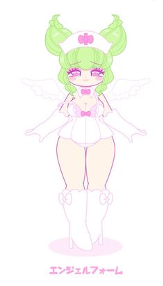 an anime character with green hair and angel wings on her chest, standing in front of a