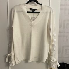 Brand New, White French Connection Sweater. Size Small. Gorgeous Sleeves. V-Neck. Never Been Worn! White V-neck Sweater For Workwear In Spring, White V-neck Sweater For Spring Workwear, Elegant White V-neck Sweater For Spring, Chic White V-neck Sweater For Spring, Camel Sweaters, Sweater Oversize, White French, Lace Sweater, Mohair Sweater