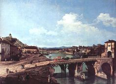 a painting of a bridge over a river with people on the other side and buildings in the background