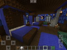 a minecraft bedroom with blue walls and wooden floors, including a bed in the center