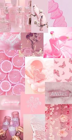 a collage of pink and white images