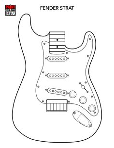 an electric guitar is shown with the name fender strat in black ink on a white background