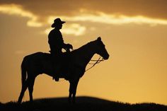 a man riding on the back of a horse in silhouette at sunset with clouds behind him