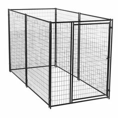 a large black metal dog pen with doors and dividers on the sides, one door open