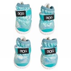 four pairs of shoes with the word dog on them