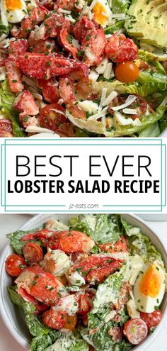 two photos of lobster cobb salad in a white bowl Lobster Lunch Ideas, Lobster Salad Recipes Simple, Lobster Salad Recipes, Lobster Cobb Salad, Cobb Salad Dressing, Seafood Salads, Seafood Dinners, Whole30 Meal Prep, Sea Food Salad Recipes