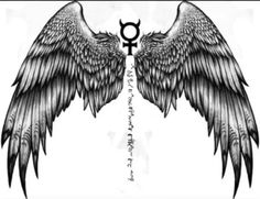 an angel wing with the letter q on it's back and two large wings