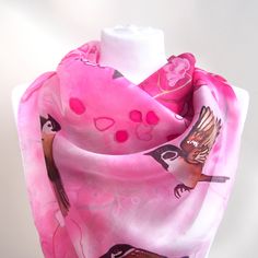 Square silk scarf Cherry Blossom & Sparrows, hand painted in pink & white color set. This sakura scarves is ready to be shipped. Size: approximately 34 by 34 inches (88 by 88 cm) Silk: pure Habotai Light, semi transparent and a bit glossy. This amazingly delicate and lightweight. It will make you feel wonderfully cool and fresh: silk lets your skin breaths and it covers you from sun or cool wind. This scarf was painted with gradient pink color set: from white, bright baby pink to dark pu Silk Scarfs, Scarf Square, Hand Painted Scarves, Painted Scarf, Square Silk Scarf, Hand Painted Silk Scarf, Bird Gifts, Pink Bird, Sparrows