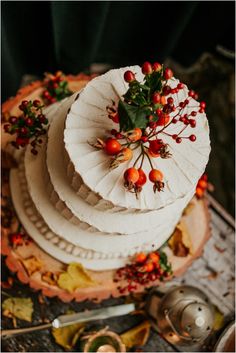 a white cake with berries and leaves on top