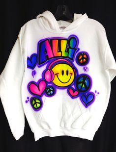 White Airbrushed Hooded Sweatshirt with artwork on the front. 50/50 blend. Small ( 6/8) Medium (10/12) Large (14/16) X-Large (18/20) Adult sizes also available. Sizes Small and Medium. *Sizes run small, It is recommended to size up. *Heat Pressed to preserve artwork* DEFAULT DESIGN IS THE PRIMARY PHOTO ON THE LISTING. If you would like what is shown on the first photo, you do not need to choose a design number. To add words, artwork or to select a different style of font to your design please co New York Party, Custom Airbrushing, 50 50, First Photo, Heat Press, Kids Hoodie, Hooded Sweatshirt, Different Styles, Hooded Sweatshirts