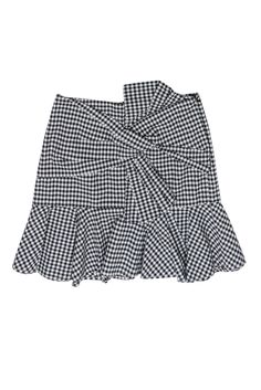 Channel your inner fashionista with this black and white gingham mini skirt from Veronica Beard. The knot front adds a flirty touch to this versatile piece that can be dressed up with heels or down with a chic sneaker. Perfect for any occasion! Size 2 Made in USA 96% Cotton, 4% Elastane Unlined Invisible side zipper Pleated ruffle bottom Knot front Waist 28" Hips 35" Length 16.5" Chic Plaid Mini Skirt For Summer, Black Love Shack Fancy Skirt, Black And White Mini Skirt, White Flared Mini Skirt With Gathered Detail, Spring Gingham Mini Skirt, Luxury Black Ruffled Mini Skirt, Black And White Striped Mini Skirt, Chic Sneakers, Buy Shoes Online