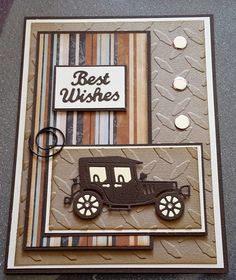 a card with a car on it that says best wishes