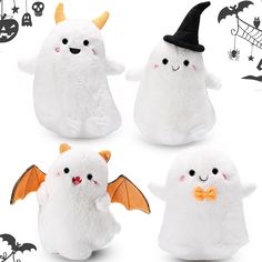 four white stuffed animals with bats and pumpkins in the background, one is wearing a witches hat