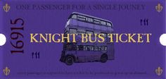 a purple ticket with a double decker bus on it's side and the words knight bus ticket written in gold