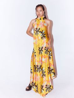 Yellow Dahlia Halter Dress DRESSES IKKIVI Sleeveless Floral Print Silk Dress For Spring, Silk Digital Print Party Dresses, Silk Party Dress With Digital Print, Sleeveless Silk Floral Print Summer Dress, Summer Party Dress With Digital Print, Silk Dress For Summer Garden Party, Summer Silk Dress For Garden Party, Floral Print Long Silk Dress For Summer, Silk Maxi Dress With Abstract Print For Party