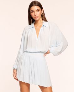 CRYSTAL BLUE|1 Long Sleeve Style, Ramy Brook, Pleated Mini Dress, Madison Avenue, Crystal Blue, Lined Skirt, Sweet Style, Pleated Skirt, Sleeve Styles