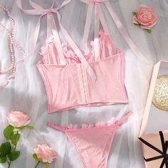 Beautiful Butterfly Bow Shoulder Strap Gather Lingerie Set Women's Sweet Pink Perspective Underwear Floral Lingerie Set, Bra And Brief Sets, Elegant Accessories, Feminine Look, Bra Styles, Underwire Bra, Beautiful Butterflies, Push Up Bra, Lingerie Set