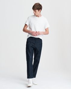 Selvedge Stripe Jean In Indigo | Men Jeans | rag & bone Classic Recycled Denim Pants With Tapered Leg, Classic Tapered Leg Pants In Recycled Denim, Straight Fit Rigid Denim Pants With Tapered Leg, Dark Wash Selvedge Bottoms For Work, Selvedge Tapered Leg Jeans For Work, Classic Recycled Denim Tapered Leg Pants, Tapered Leg Rigid Denim Pants With Patch Pockets, Rigid Denim Jeans With Welt Pockets And Tapered Leg, Tapered Denim Pants With Straight Hem