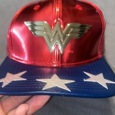 New Condition Dc Wonder Woman Cap Smoke Free Pet Free Red And Blue Metallic Red Themed Cap Hat, Themed Red Cap, Themed Red Hat One Size Fits Most, Novelty Red Baseball Cap One Size, Dc Wonder Woman, Caps For Women, One Size Fits All, Dc Comics, Red And Blue