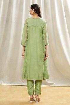 Shop for Oshi By Shikha Green Cotton Chanderi Round Neck Anarkali And Pant Set for Women Online at Aza Fashions Cotton Silk Straight Kurta With Yoke, Chanderi Long Sleeve Kurta With Yoke, Pista Green Anarkali Set With Straight Kurta, Designer Chanderi Kurta With Yoke Detail, Pista Green Slub Silk Anarkali Set With Straight Kurta, Designer Kurta With Yoke For Eid, Festive Green Yoke Sets, Pista Green Anarkali Kurta In Cotton Silk, Pista Green Anarkali Cotton Silk Kurta