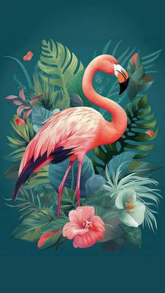 a pink flamingo standing on top of a lush green plant filled with leaves and flowers