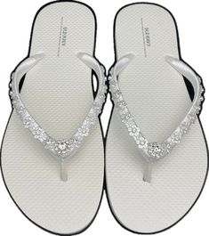 Elegant Silver Beach Flip Flops, Elegant White Toe Post Flip Flops, Elegant Silver Flip Flops For Summer, Elegant Adjustable Flip Flops For Summer, Silver Rhinestone Flip Flops, Elegant Adjustable Flip Flops For Beach, Elegant Rhinestone Wedding Flip Flops, Elegant Rhinestone Flip Flops For Wedding, Silver Rhinestone Open Toe Flip Flops