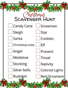 a christmas scavenger hunt with candy canes, snowman sleigh santa