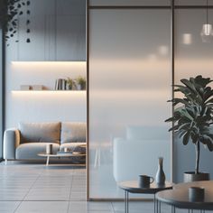 a living room filled with furniture and a potted plant