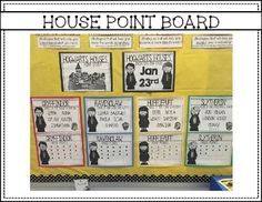 a bulletin board with posters on it that says house point board, and the words