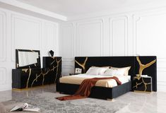 a bedroom with black and gold furniture, white walls and flooring is pictured in this image