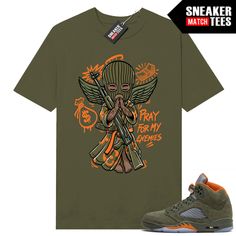 "Olive Jordan 5 matching shirt by Sneaker Match Tees brand. Official Sneaker Match Tees shirt designed to match the Jordan 5 \"Olive\" retro sneakers. *Sneakers are for matching purposes only, NOT included in the sale* True to size Men's shirt 100% Soft Cotton Regular Fit" Graphic Tee For Streetwear In Khaki, Khaki Graphic Tee For Streetwear, Retro 4 Outfits, Olive Green Sneakers, Green Jordans, Sneaker Match Tees, Sneaker Tee, Green Sneakers, Retro Sneakers