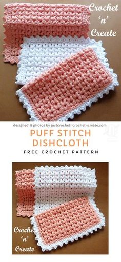 crocheted dishcloths are shown in two different colors and sizes, one is pink