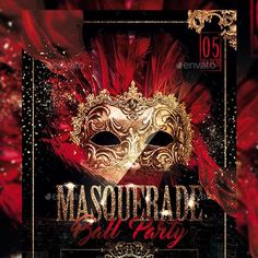 masquerade ball party flyer template with mask on red and gold foiled background