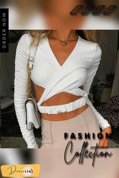 Fashion Elegant White Wrap Women's Top Long Sleeve Cropped Top T-shirts Autumn Cut Out Backless Top Tees Slim White Solid Color Top For Party, Trendy Solid Color Tops For Night Out, White Stretch Tops For Night Out, Trendy Solid Color Crop Top, Spring Solid Color Crop Top, White Fitted Top For Night Out, Stretch Solid Color Tops For Day Out, Long Sleeve T-shirt For Night Out In Summer, Spring Party Crop Top T-shirt