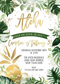 a tropical themed birthday party with palm leaves and gold foil lettering on the front, in white