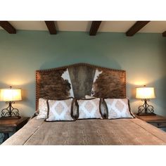 Cowhide Headboard – Great Blue Heron Furniture Cowhide Headboard, Western Headboard, Headboard Redo, Cowhide Furniture, Shed To Tiny House, Faux Cowhide, Custom Headboard, Leather Headboard, Great Blue Heron