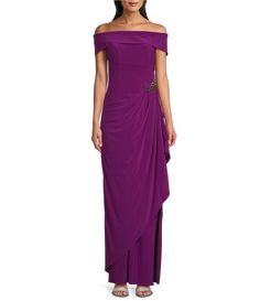 From Alex Evenings&#x2C; this gown features: matte jersey fabrication off-the-shoulder neckline short sleeves ruched bodice with embellishment hip detail cascading ruffled detail lined straight hemline back zipper closureapprox. 59" in length polyester/spandex; lining: polyester hand wash Imported. Ruched Gown, Formal Wedding Guest Dress, Dress For Petite Women, Black Tie Formal, Formal Dresses Gowns, Alex Evenings, Ruched Bodice, Chiffon Gown, Petite Dresses