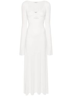 white lightweight jersey stretch-design semi-sheer construction scoop neck slip-on style extra-long sleeves split cuffs fitted waistline raw-cut hem full-length includes a bralette Fitted Solid Longline Maxi Dress, Fitted Longline Maxi Dress, Fitted Longline Solid Maxi Dress, Fitted Solid Color Longline Maxi Dress, Fitted V-neck Maxi Dress For Loungewear, Fitted Loungewear Dress In Solid Color, Solid Color Fitted Dress For Loungewear, Fitted Solid Color Loungewear Dress, White Fitted Elastane Maxi Dress