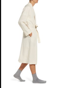 Garment-washed European flax lends a cozy, lived-in feel to a soft robe in slightly heavier linen for the perfect drape. 49" length (size Medium)   Long sleeves   Removable tie belt   100% flax   Machine wash, tumble dry   Made in Portugal   OEKO-TEX®–certified materials free of harmful substances Linen Robe, Soft Robes, Gender Inclusive, Medium Long, Tie Belt, Trench Coat, Portugal, Nordstrom, Size Medium