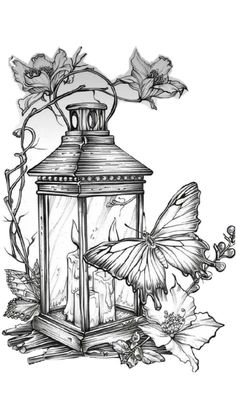 a black and white drawing of a lantern with butterflies on the side, surrounded by flowers