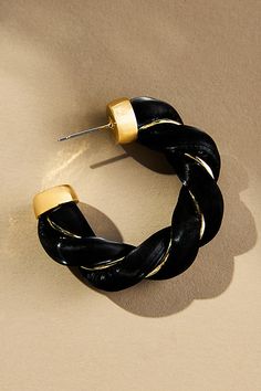 Polyurethane, gold-plated brass Post styling Imported | Faux-Leather Twist Hoop Earrings by Anthropologie in Black, Women's, Gold/Plated Brass/Polyurethane Twist Hoop Earrings, Anthropologie Earrings, Black Hoops Earrings, Black Jewelry, Threader Earrings, White Beige, Leather Wraps, Gold Earrings, Anthropologie