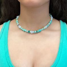 This Is A Handmade Aqua Blue And Green Necklace. This Is Made Out Of Various Shades Of Blue/Green. This Is On A Necklace Wire Accompanied By A Clasp. The Measurement For This Necklace Is 15 Inches, But Message Me For Any Size Customizations. #Beach #Necklace #Handmade #Beadednecklace #Beads Casual Turquoise Beaded Necklaces With Colorful Beads, Casual Turquoise Beaded Necklace With Colorful Beads, Casual Turquoise Beaded Necklaces, Casual Turquoise Beaded Necklace, Casual Turquoise Necklaces With Colorful Beads, Trendy Turquoise Beaded Necklaces With Round Beads, Trendy Turquoise Round Beaded Necklace, Casual Blue Necklace With Colorful Beads, Blue Single Strand Beaded Necklace For Summer