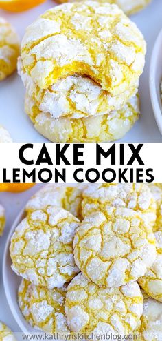 lemon cookies are stacked on top of each other with the words, cake mix lemon cookies