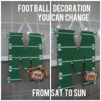 two photos of football decorations hanging on the wall and in front of a window that says football decoration you can change from at to sun