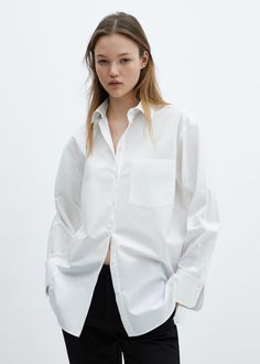 Pocket oversize shirt - Woman | MANGO USA Oversized Cotton Shirt With Roll-up Sleeves, Daywear Shirt With Buttoned Pockets And Shirttail Hem, Classic Oversized Blouse For Everyday, Cotton Blouse With Buttoned Pockets, Relaxed Fit, Cotton Blouse With Buttoned Pockets And Relaxed Fit, Oversized Button-up Top For Office, Chic Oversized Shirt With Pockets, Classic Cotton Blouse With Buttoned Pockets, Trendy Relaxed Fit Office Shirt