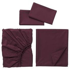 three pieces of purple bedding with ruffles on the bottom, and two sheets folded